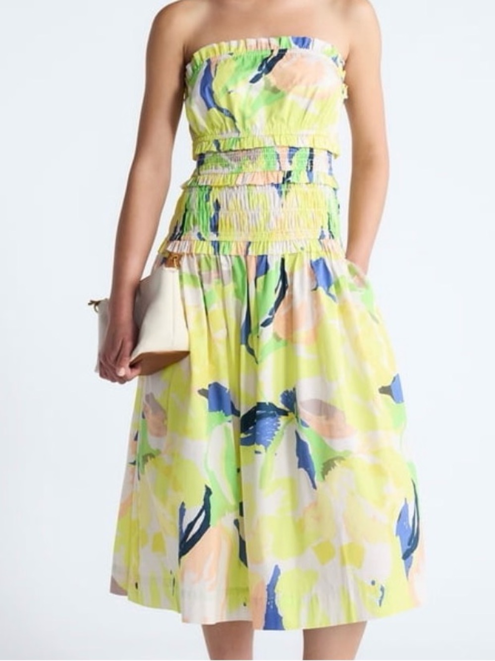 D153 Free Assembly Yellow Floral Strapless Poplin Tiered Midi Dress